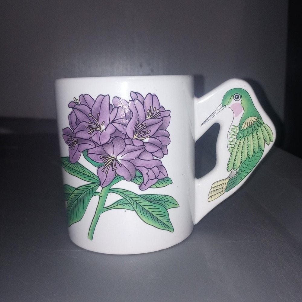 Vintage Hummingbird Mug Coffee Tea Purple Iris Floral Ceramic - Picture 1 of 2